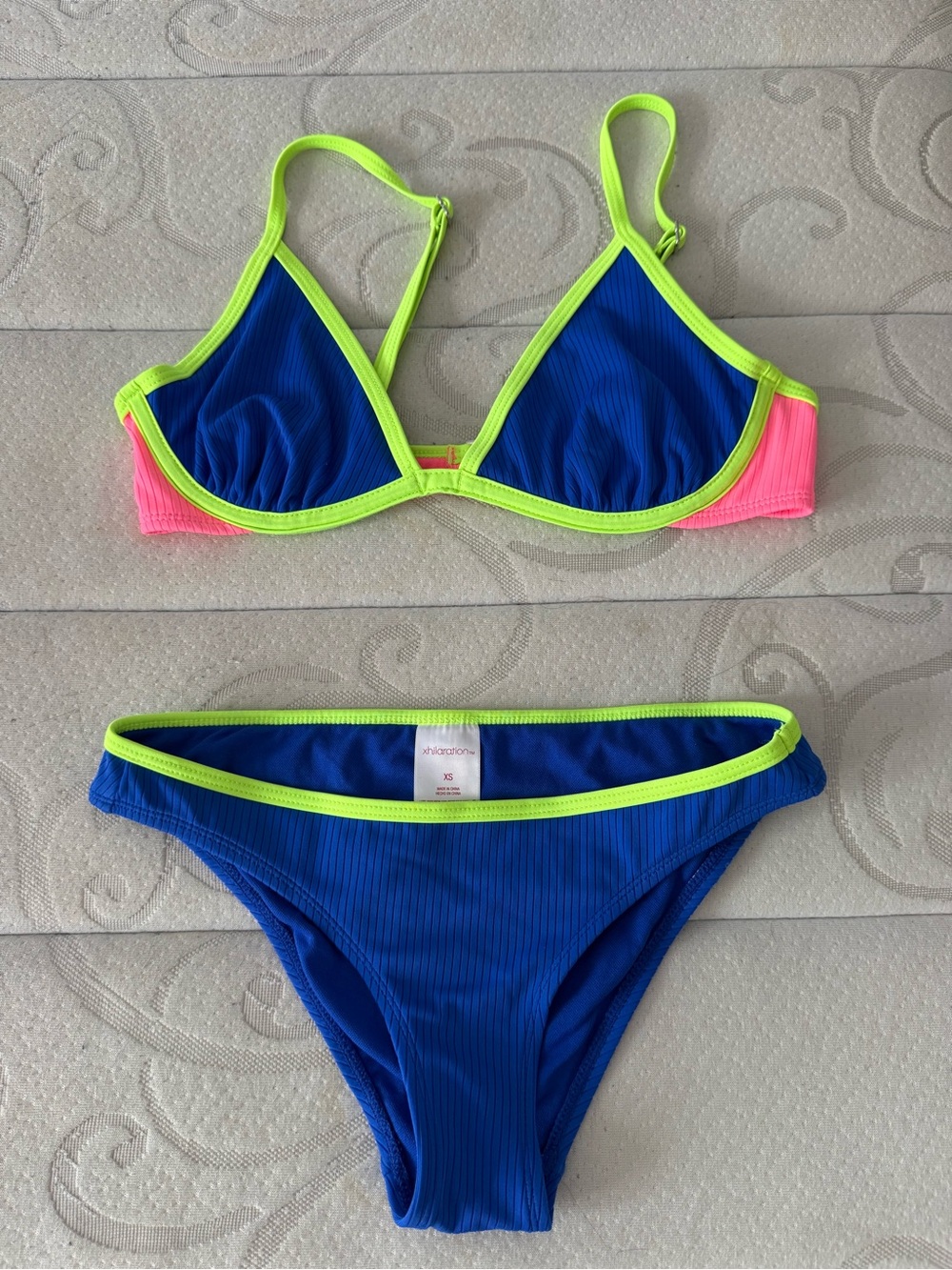 Xhilaration Blue Bikini with Neon Yellow Trim and Pink Sides
